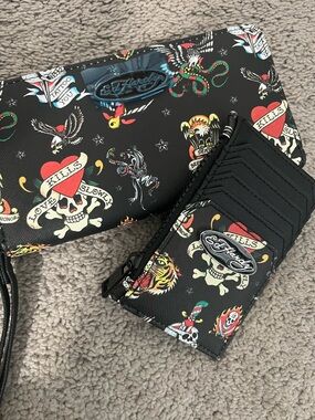 Ed Hardy Black Tattoo Print Wallet and Card Holder Set